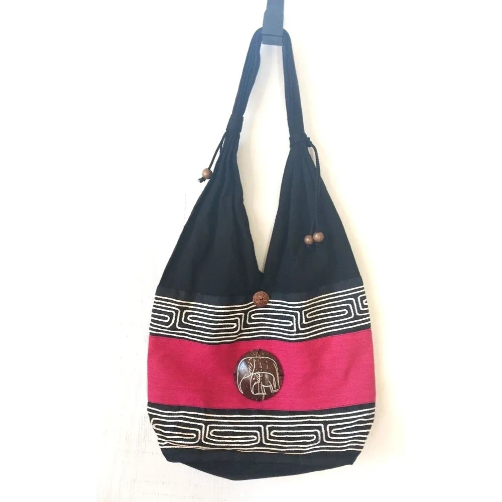 Boho India Hobo Sak Bag Cotton Retro Women's Bead Accent Black/Pink/White